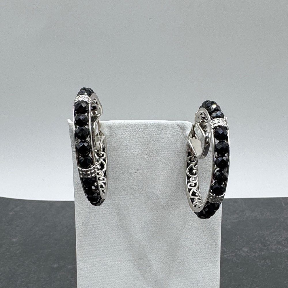 Silver-Tone Hoop Earrings with Faceted Black Crystals - Women Jewelry